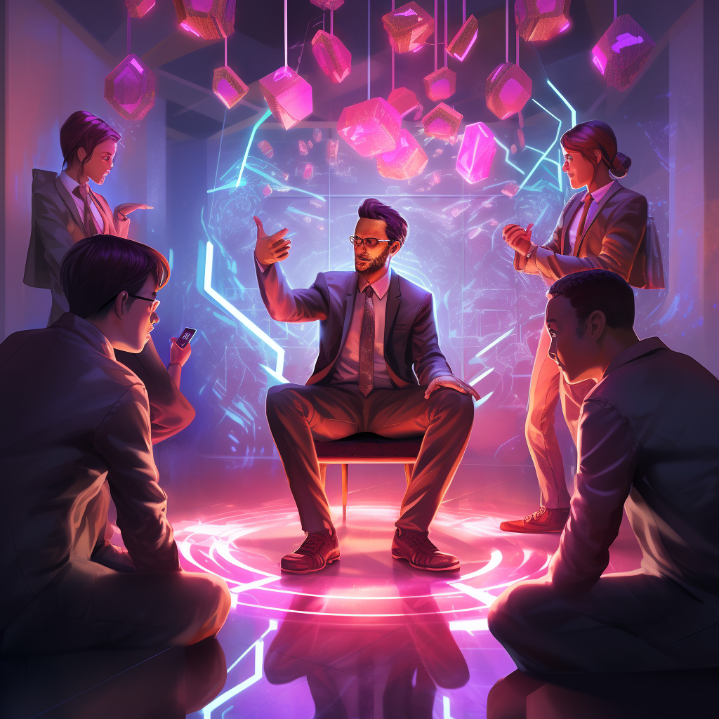 AI generated image showcasing the collaboration between mentor and entrepreneurs, in a neon futuristic theme
