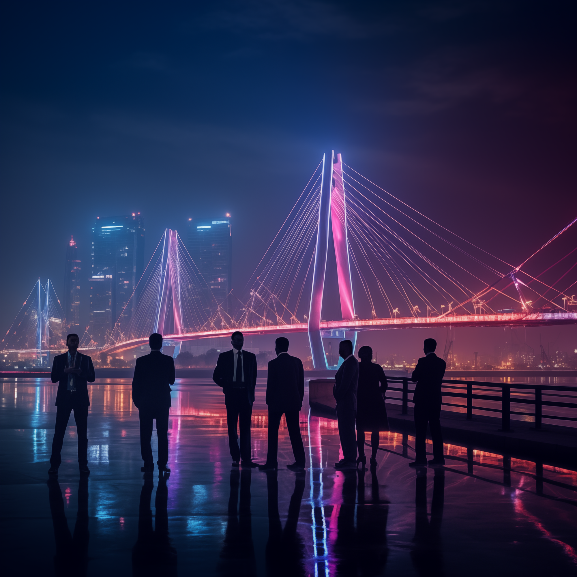 AI generated image of some Indian businessmen and Cable Bridge in Surat